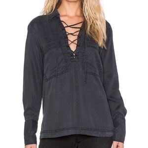 Free People Navy Lace-Up Pocket Front Blouse